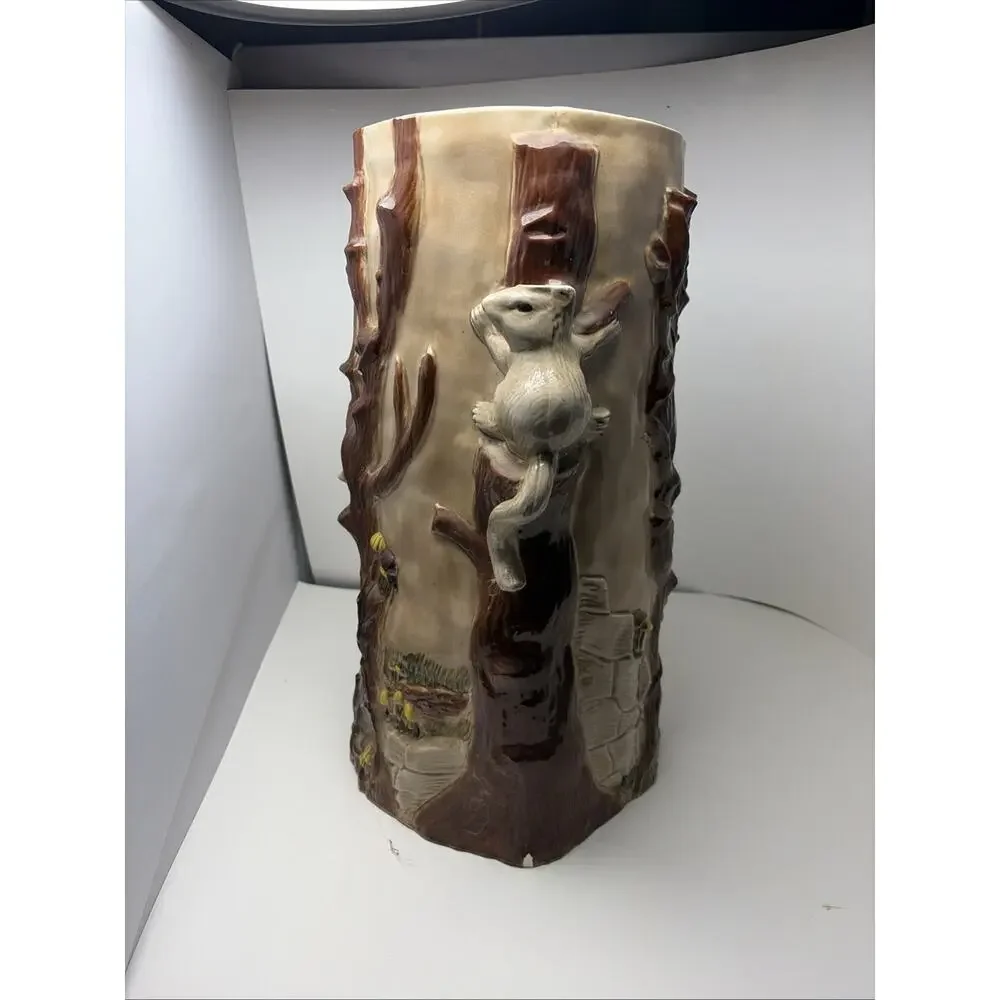 Ceramic Umbrella Stand Mid Century Majolica Raccoon in Tree 3D Woodland